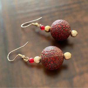 Red and Golden Handmade Beaded Dangling Earrings